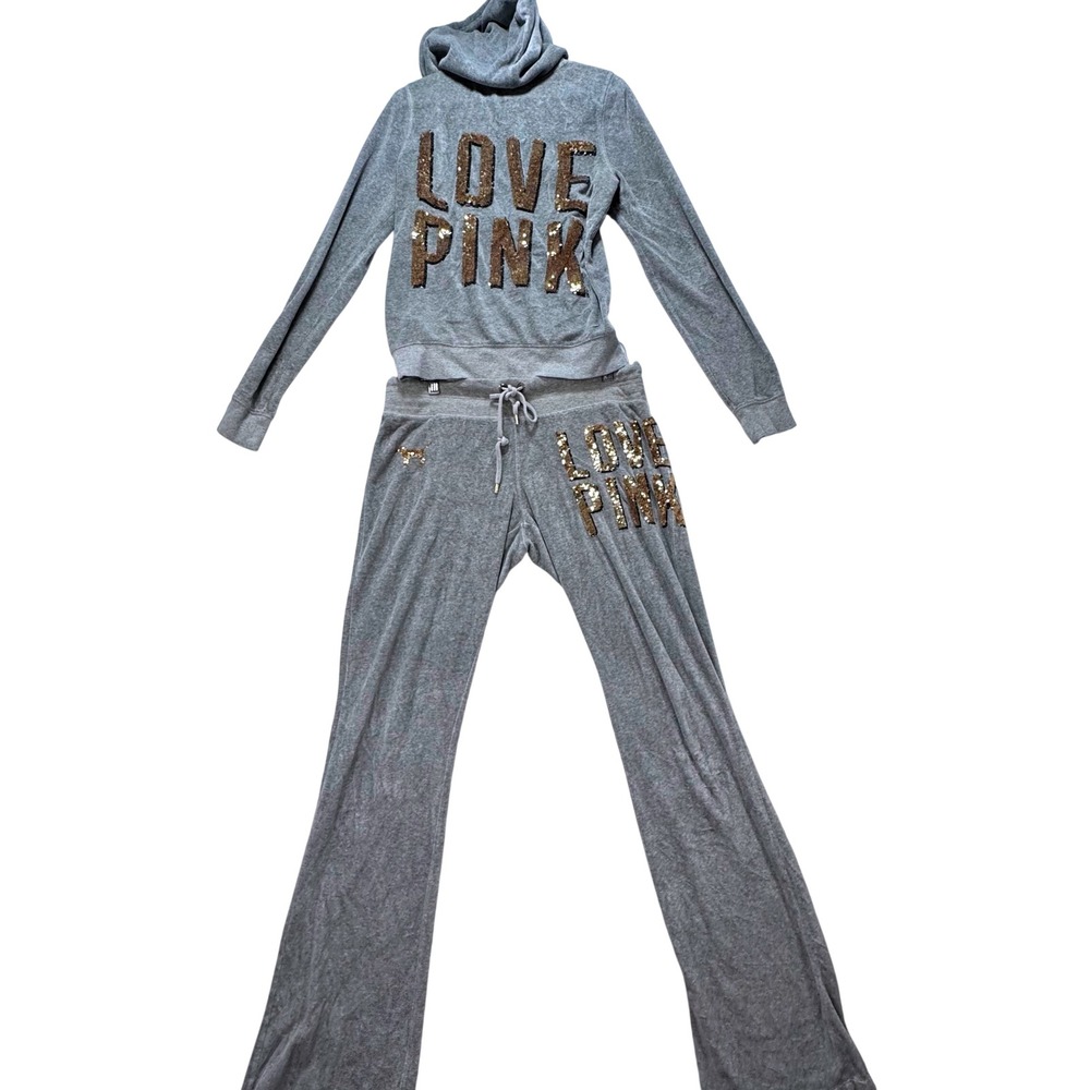 VTG Victoria's Secret PINK Tracksuit Women Medium Gray Sequin Velour Y2K Set